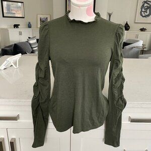 Anthropologie Maeve LS Frill Neck Ruched Sleeve Cotton Modal Top Green XS NWOT